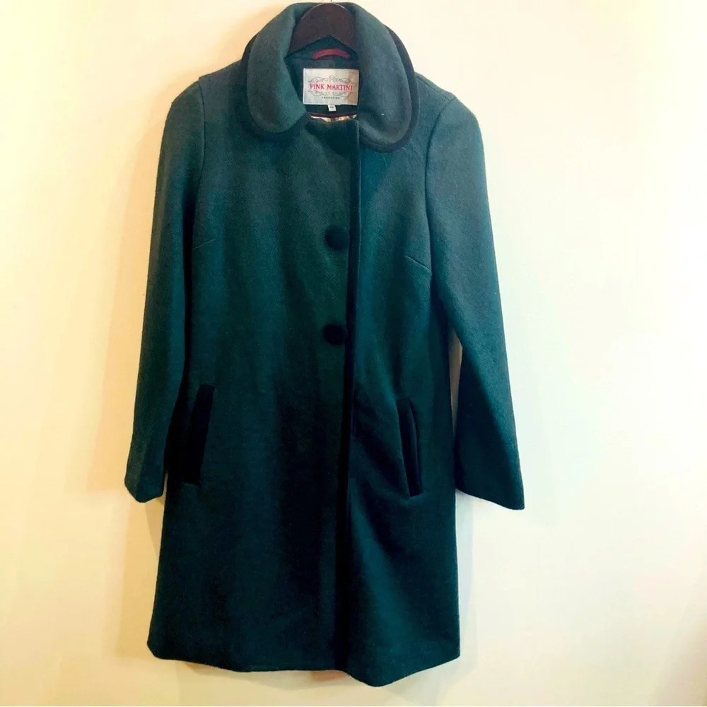 PINK MARTINI SZ XS Hunter Green Zipper Closure Pocket Back Pleat Jacket Coat